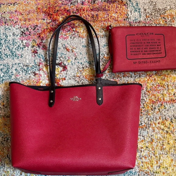 Coach Handbags - Coach Red Tote, reversible to buffalo plaid  and Matching Zip Pouch